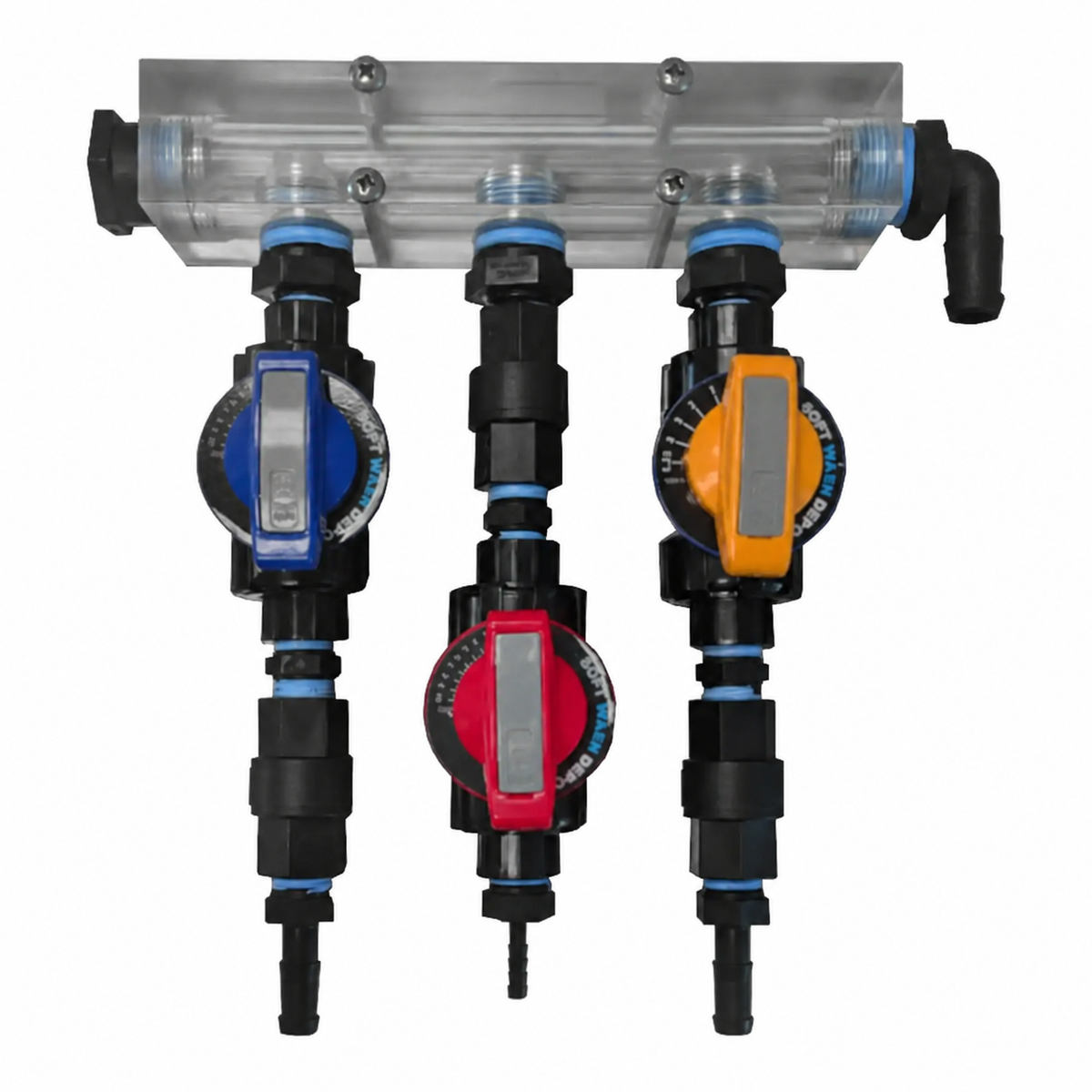 Clear three-port softwash mixing proportioner — representative product photo