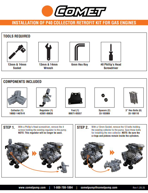 Comet P40 gas-engine collector retrofit kit: included collector, regulator, foot, spacers and bolts, with installation steps 1 and 2