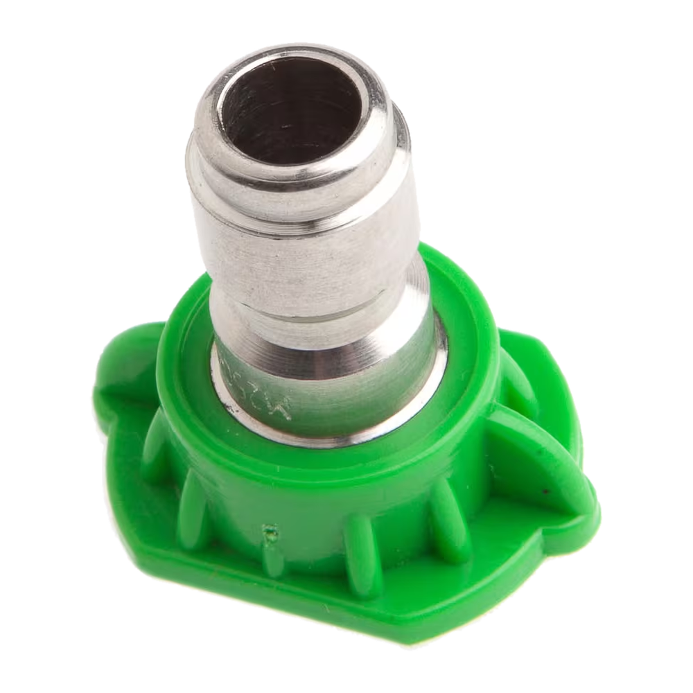 Green 25 degree pressure washer nozzle tip, quick-connect plug view