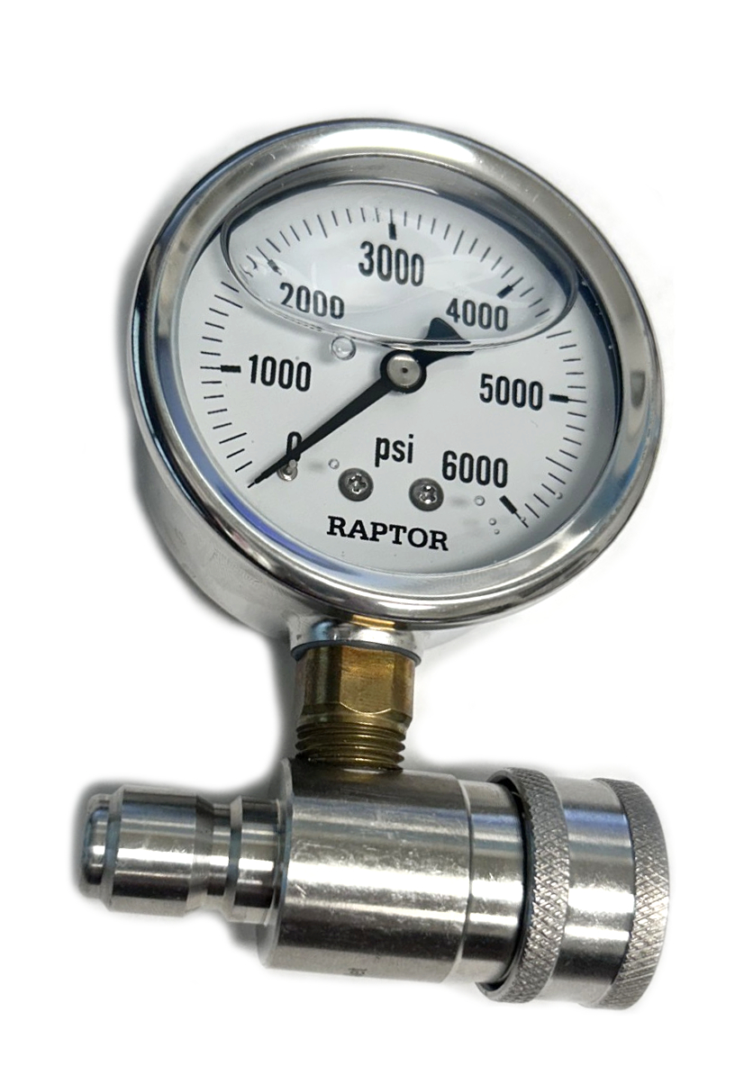 6000 PSI inline pressure gauge with 3/8-inch stainless steel quick-connect fittings