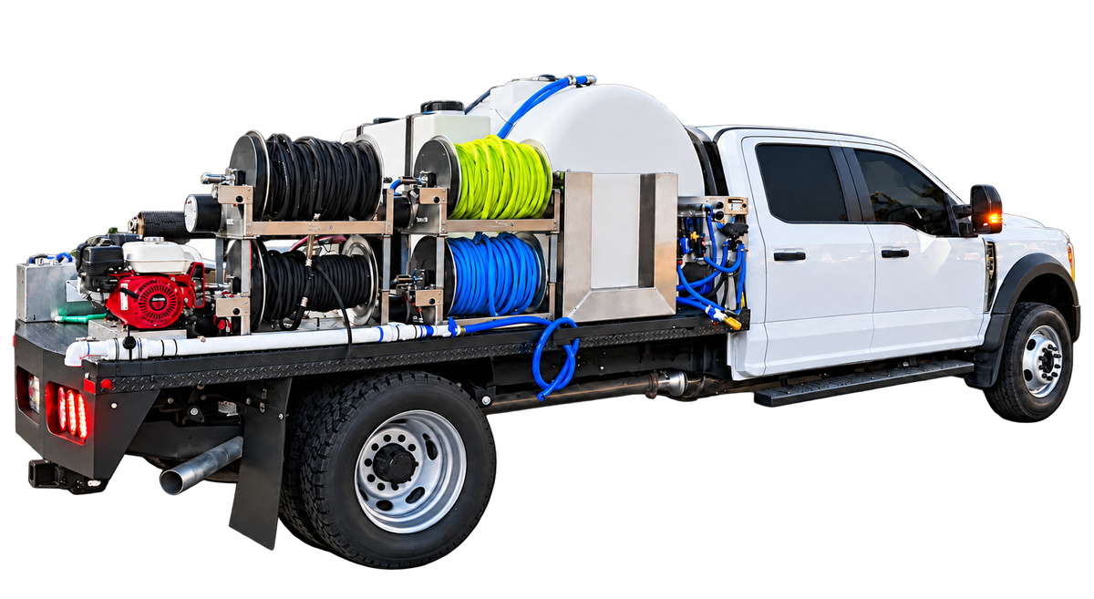 White wash truck with mounted tanks, hose reels, and pressure washing equipment on a transparent background