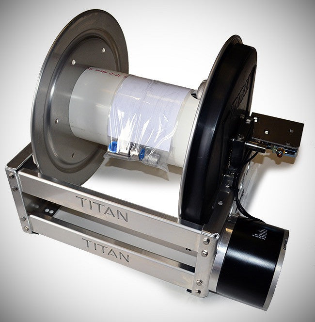 Titan 4312ES 12-inch electric hose reel; optional hose guide shown is sold separately