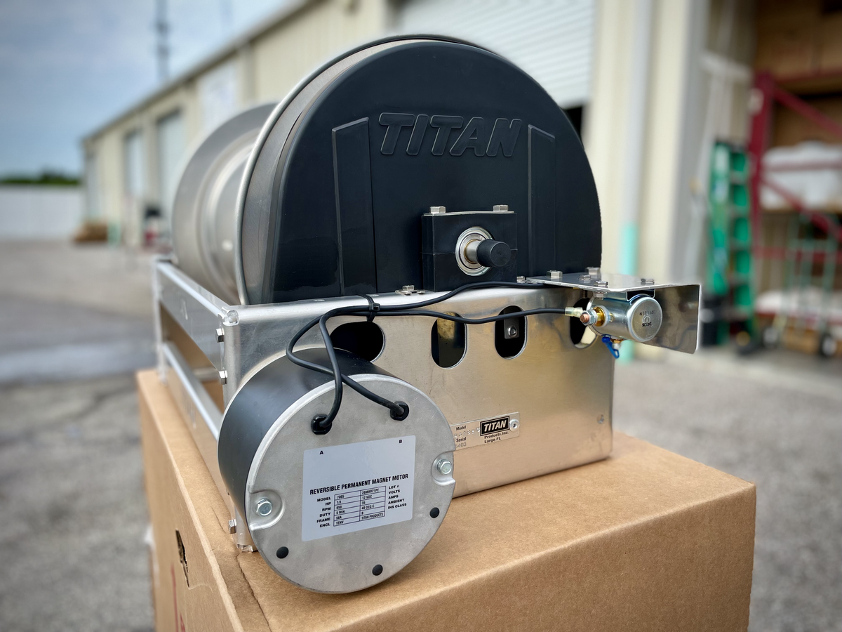 Titan electric hose reel series photograph illustrating the motor and reel construction; reel width varies by model