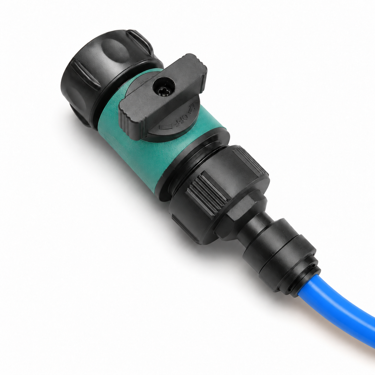 Tri-Boss plastic water-fed pole fitting with blue hose